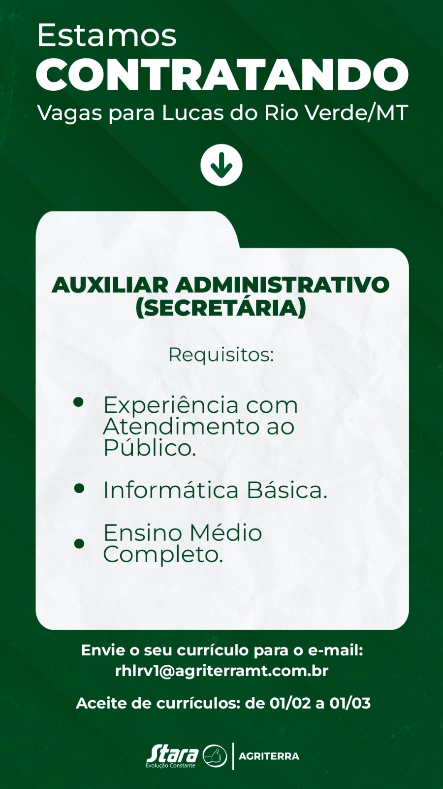 FAÇA PARTE DA NOSSA EQUIPE! Vaga disponível para AUXILIAR ADMINISTRATIVO