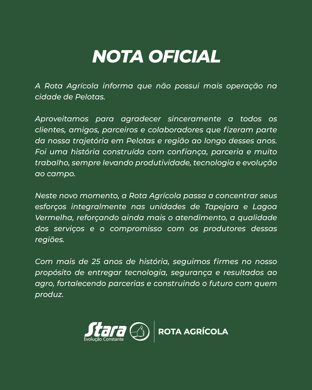 NOTA OFICIAL ROTA AGRÍCOLA