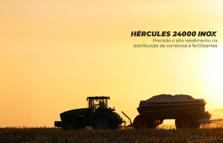 Trator com distribuidor agrícola aplicando insumos no campo.