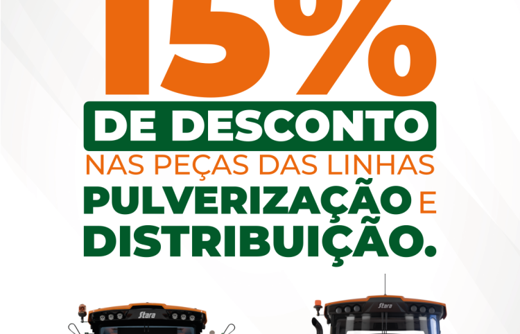 15% de desconto nas peças das Linhas de Pulverização de Distribuição STARA. Válido de 01.07.2026 até 31.07.2026