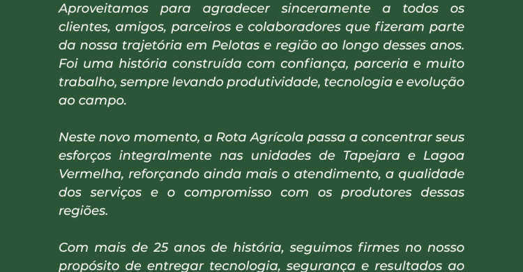 NOTA OFICIAL ROTA AGRÍCOLA